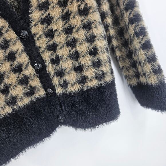L'agence Saylor Cardigan Sweater Brown Black Faux Fur Houndstooth Cropped Size M - Picture 5 of 7